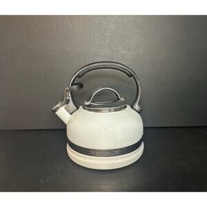Kitchen Aid WHITE Tea Kettle Teapot Whistling 2 Quart with Silver Band around